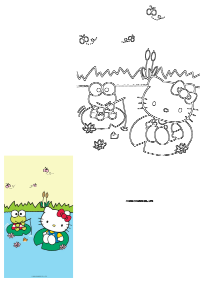 Hello Kitty and Keropi, Sanrio cartoon characters, fishing on lily pads in a pond with cattails. Includes vibrant colored & outline versions.