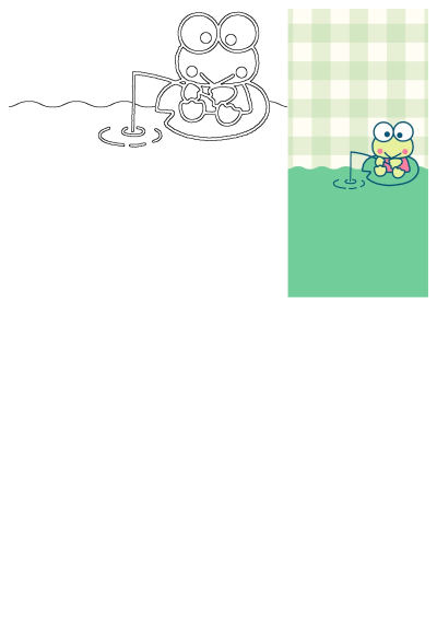 Whimsical Keroppi frog cartoon fishing on a lily pad. Features both a black and white outline and a vibrant colored version.