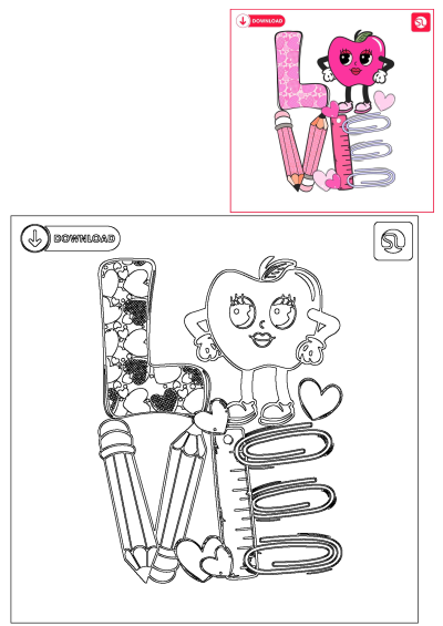Pink LOVE school supplies graphic featuring a cartoon apple, pencil, ruler, and paperclips, adorned with hearts.