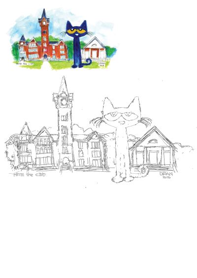 Vibrant watercolor and detailed outline drawing of Pete the Cat next to a clock tower building and another structure.