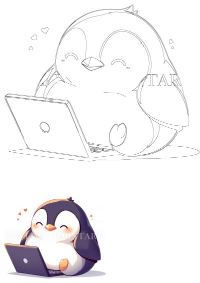 An adorable, plump cartoon penguin sits happily, engaged with a laptop computer, surrounded by floating hearts.