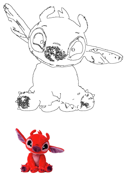 Red Stitch plush toy with wings sits below a black line art drawing of the alien character, perfect for fans of Lilo & Stitch.