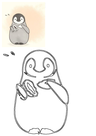 A cute cartoon penguin is shown eagerly eating with its mouth open, holding food in a shell. The image also includes a black and white outline.