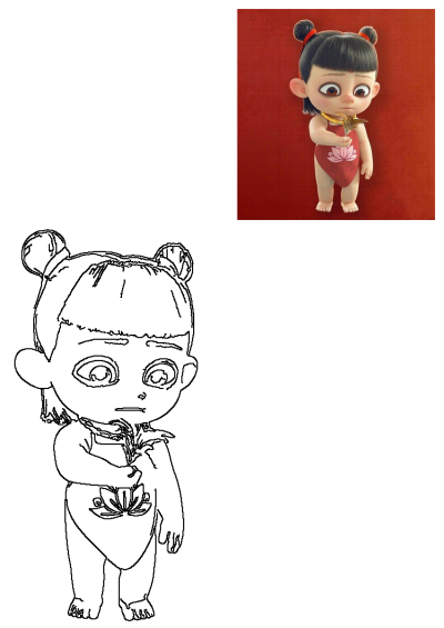 Cute animated doll character in a red outfit with a lotus, holding a feather-like flower. Includes original art and its line art outline.