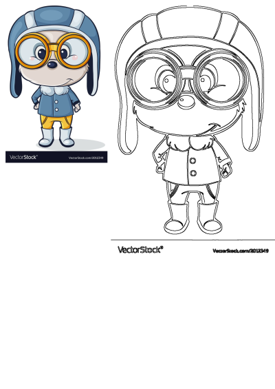 Cute cartoon dog in blue pilot hat & goggles, blue coat, yellow pants, white boots. Comes with black and white outline on white.