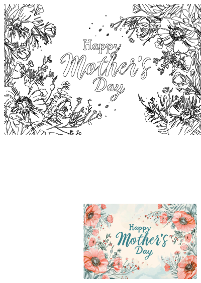 Happy Mother's Day floral watercolor greeting card design featuring poppies, leaves, and a festive message. Includes line art outline and colored example.