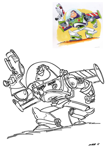 Buzz Lightyear, the space ranger, holding a laser gun. Features a vibrant colored illustration and a black-and-white outline art.