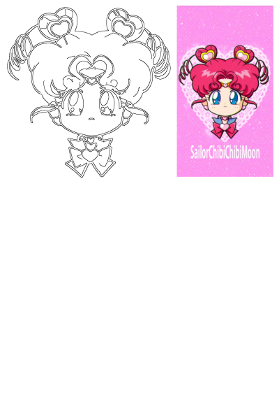 A cute Sailor Chibi Chibi Moon anime character, shown in both line art and full color on a sparkly pink background.