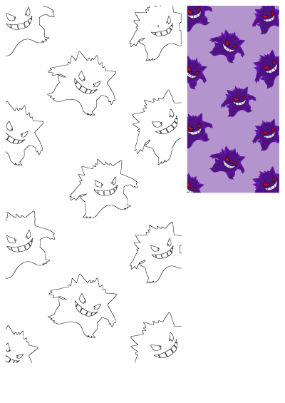 A Gengar Pokemon pattern featuring purple Gengars with red eyes and white smiles, alongside black Gengar outlines on a white background.