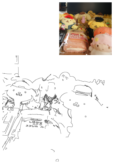 Collection of Sanrio Hello Kitty and Pompompurin plushies surrounding a packaged Domremy Peach Custard Roll dessert.