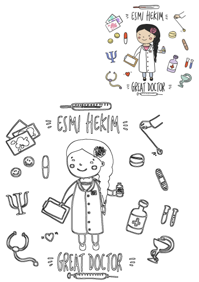 Esmi Hekim, a great doctor girl illustration, showcases medical tools like a stethoscope, pills, and test tubes, plus a line art style.