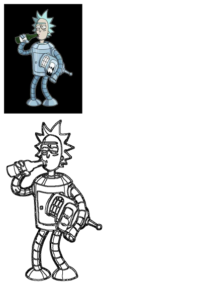 Rick Bender mashup cartoon character featuring Rick Sanchez's head on Bender's body, drinking from a bottle and holding Bender's head.