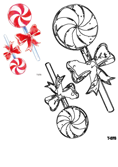 Vibrant watercolor lollipops with red bows and detailed ink outline drawings of swirled candy on sticks.