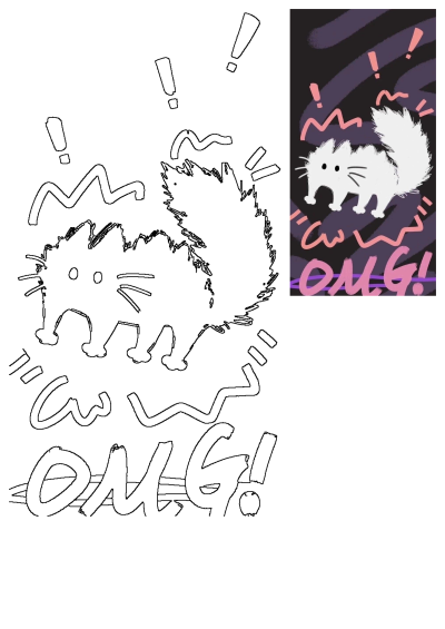 A startled, fluffy white cartoon cat with wide eyes and 'OMG!' text on a dynamic purple and black background, accented with pink marks.
