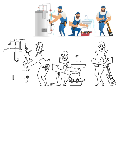 Cartoon plumbers repair a leaking water heater and a dripping sink, with one plumber giving a thumbs-up holding a wrench.