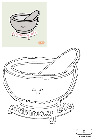A cute, smiling mortar and pestle sticker with 'pharmacy life' text, ideal for pharmacists, pharmacy students, and health workers.