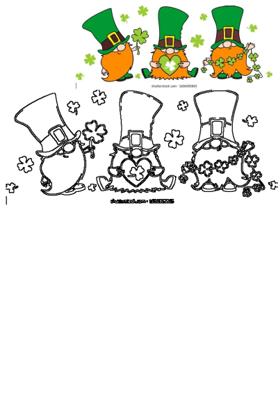 Cartoon leprechauns with green hats and shamrocks, showcasing various poses. Both vibrant colored and black outline versions are included.
