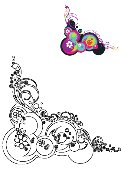 Vibrant vector design with abstract flowers, swirling lines, and layered colorful circles, plus a black outline for art projects.