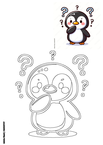 A cute, confused penguin illustration with question marks, featuring both a vibrant colored version and a black and white outline.