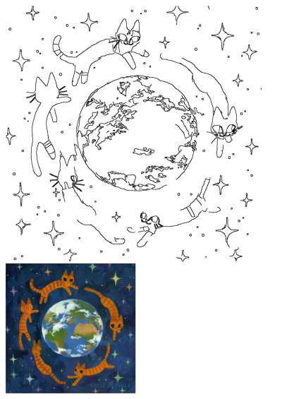 An enchanting illustration of playful cats flying around Earth in space, with striped fur, a blue planet, and twinkling stars.