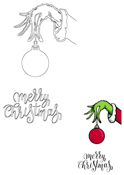 Grinch hand holding a Christmas ornament with 'Merry Christmas' text, presented in both vibrant color and outline styles.