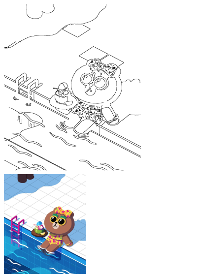 A cute teddy bear in a flamingo bathing suit relaxing by a bright blue pool with a tropical drink, a sweet, cake-like summer treat.