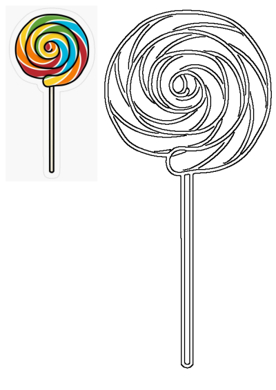 A vibrant swirl lollipop sticker with red, orange, yellow, green, blue stripes, and its black and white outline, both on white.