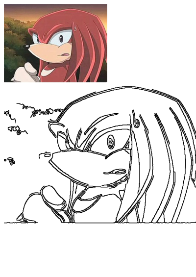 Knuckles the Echidna pointing with a concerned expression, featured as a colored cartoon image and a black outline drawing.