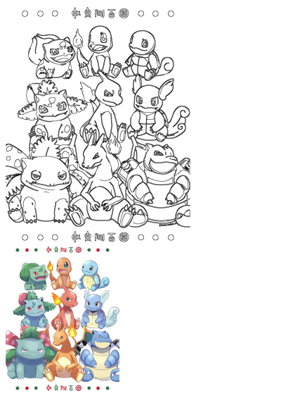 Complete Pokémon evolution lines for Bulbasaur, Charmander, and Squirtle, shown in both outline sketches and vibrant colored art.