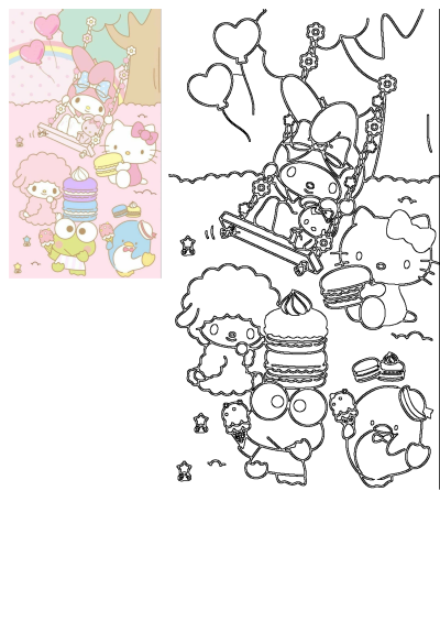 Hello Kitty and friends My Melody, Keroppi, Pompompurin enjoy sweets outdoors. My Melody swings with balloons in the sky.
