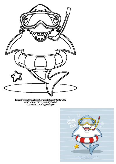 Outline drawing of a cute cartoon shark wearing snorkel goggles and a life preserver, ready for a swim.