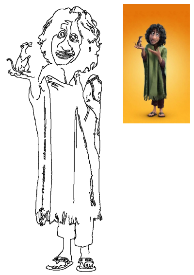 Bruno Madrigal from Disney's Encanto depicted in an outline drawing holding a rat, with a full-color reference image.