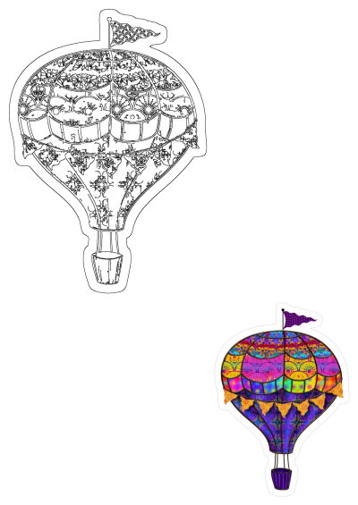A vibrant, intricately patterned hot air balloon with a flag and decorative banners, featuring a mix of pink, purple, yellow, and blue hues.