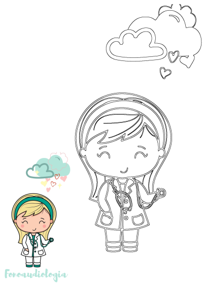 Cute cartoon audiologist girl illustration with stethoscope, surrounded by happy clouds and hearts. Features both colored and outline versions.