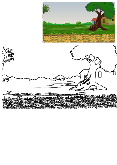 Two versions of a rural landscape: a colorful illustration with fields, a big tree, and a house, and its black line art outline.