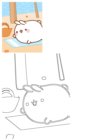 A cute cartoon bunny enjoying a sunny day at the beach, lying on a towel next to a basket, umbrella, and scattered seashells.