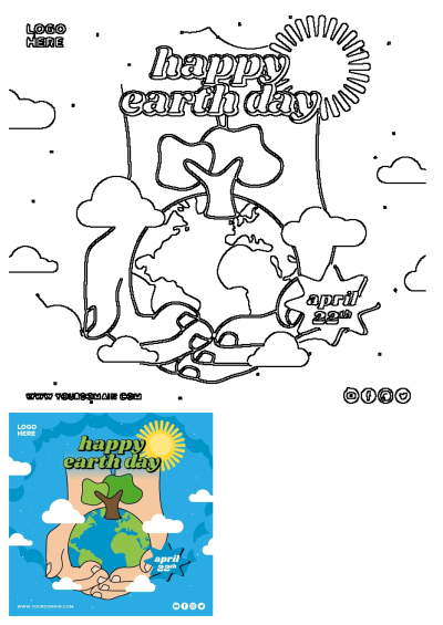 Happy Earth Day poster featuring hands cradling the planet Earth with a tree, a shining sun, and clouds, commemorating April 22.