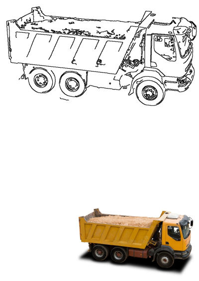 A bright yellow dump truck, fully loaded with sand, is isolated on a white background. An artistic outline drawing of the dump truck is positioned above.