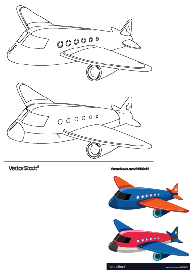 Vector pack includes multiple cartoon airplanes: black outline designs, plus colorful blue-orange and red-blue planes with stars.