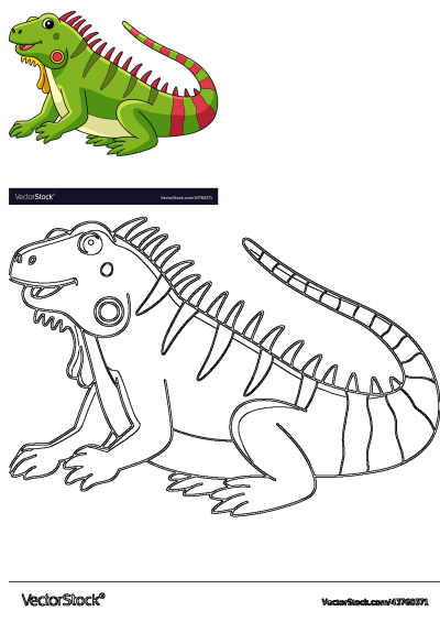 Vibrant cartoon green iguana illustration with red stripes and yellow dewlap, alongside a black and white outline version for various uses.