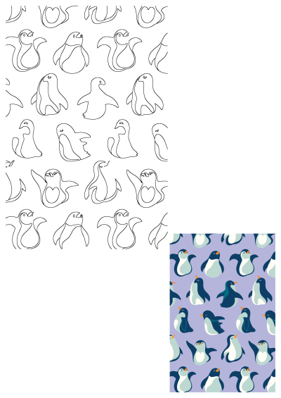 A charming pattern of cute cartoon penguins in various playful poses on a soft purple background. Also includes outlined versions.