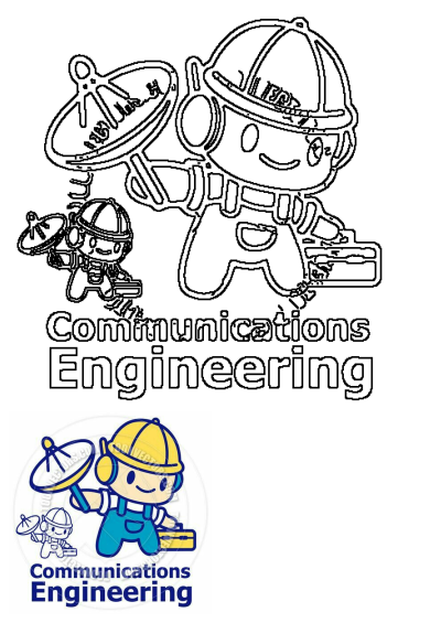 Outline and colored cartoon character for Communications Engineering, wearing a hard hat, holding a satellite dish and a toolbox.