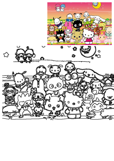 Colorful Hello Kitty and Sanrio friends wallpaper featuring a large group of cute characters, alongside a black outline version.