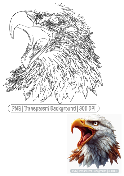 Striking line art of an eagle head close-up, featuring an open mouth and detailed feathered texture in a dynamic sketch style.