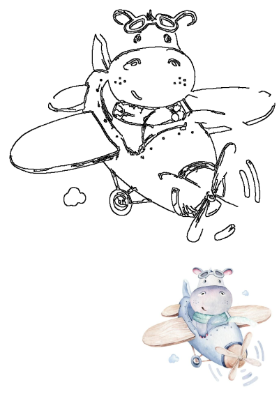 A charming hippo pilot flying an airplane, featured as a black and white line art drawing and a colorful watercolor illustration.