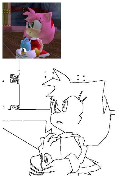 Amy Rose from Sonic Adventure holds a blue bird, depicted in both colored game art and black-and-white line art, showing a pensive look.