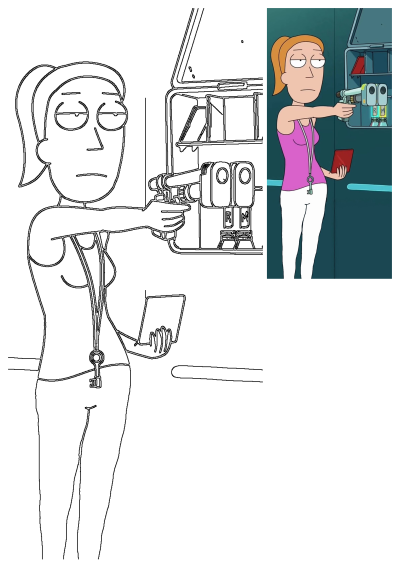 Summer Smith from Rick and Morty is depicted taking aim with a futuristic weapon at a tech panel, captured in a detailed outline drawing.