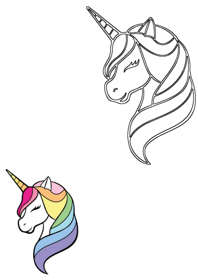 Two charming unicorn heads, one a detailed black outline, the other a vibrant rainbow-maned illustration, evoking magic and fantasy.