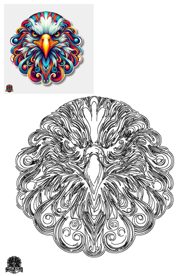 Colorful psychedelic eagle head sticker art, a vibrant design with intricate swirls. A matching black and white line art outline is included.