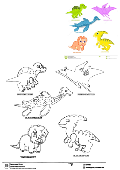 Colorful cartoon dinosaurs (Spinosaurus, Pterodactyl, Plesiosaurus, Triceratops, Saurolophus) with their black and white outlines.